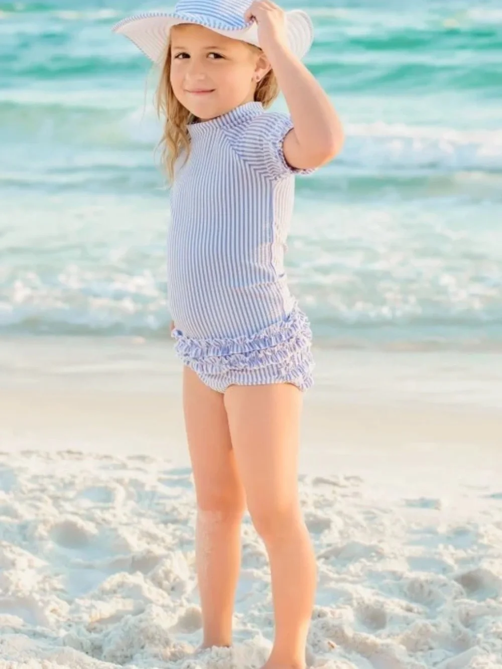 Ruffle Butts Seersucker Short Sleeve Rash Guard Bikini Swimsuit